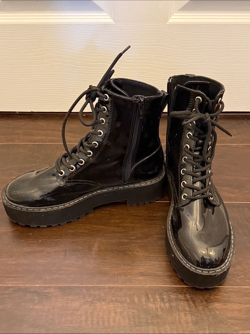 Divided Black Patent Leather Combat Boots